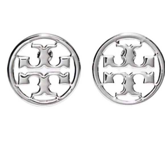 TORY BURCH Designer Silver Miller Round Circle Cut Out "T" Logo Stud Earrings - Picture 1 of 12